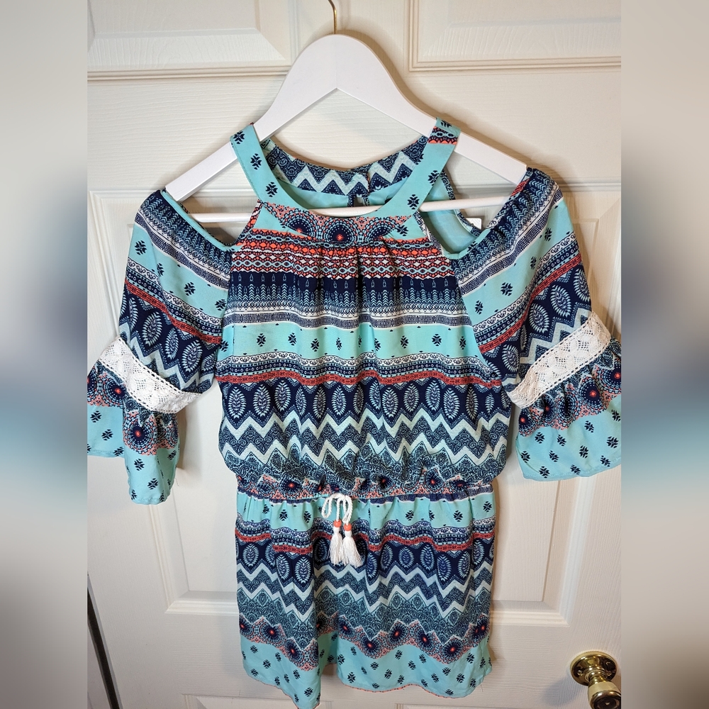 My Michelle girls blue multicolor romper open shoulders size large NWT